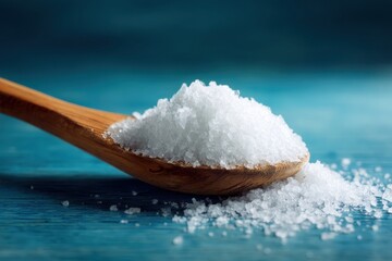 Sea salt crystals pile on a wooden spoon against a blue backdrop for food photography use