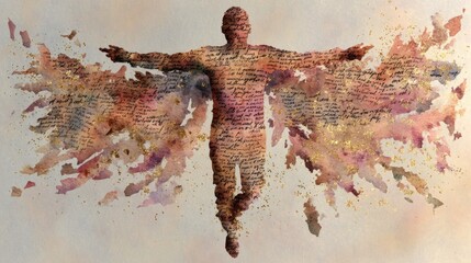 Abstract watercolor silhouette of a person with outstretched arms, composed of text and colorful splashes, symbolizing creativity and freedom.