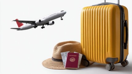 Yellow suitcase, straw hat, and passport with boarding pass, set against a background of a flying airplane, symbolizing travel and adventure.