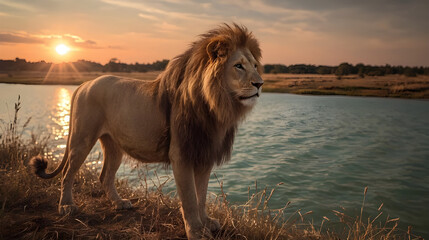 Photorealistic Alpha Male Lion at Riverbank During Sunset – Cinematic Wildlife Scene