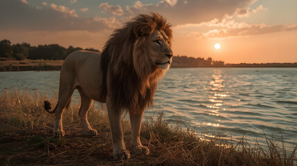 Photorealistic Alpha Male Lion at Riverbank During Sunset – Cinematic Wildlife Scene
