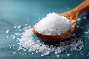 Wooden spoon filled with white crystals and scattered on a blue surface for culinary use and seasoning