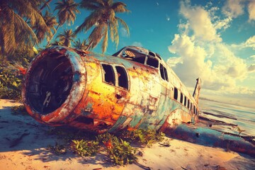 Wrecked airplane sits on a sandy beach surrounded by palm trees and tropical vegetation seaside scenery