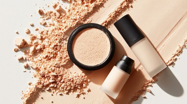 Top view of makeup products including loose powder and two foundation bottles on a textured surface, highlighting beauty and cosmetic themes. - Powered by Adobe