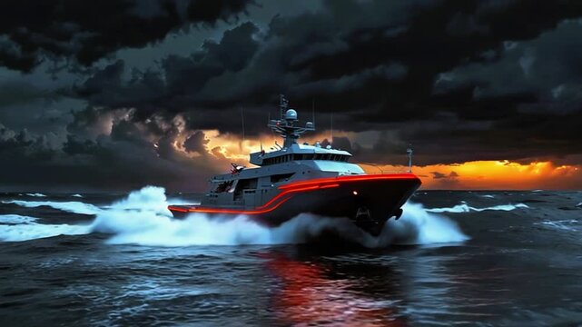 A ship sailing through turbulent waters during a dramatic, moody sunset. The sky is filled with dark clouds and intense colors, creating a stark contrast with the boat's silhouette.
