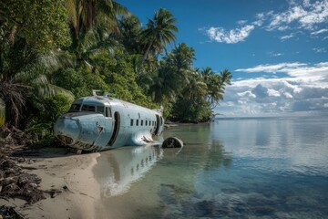 Wrecked airplane rests along tropical beach with palm trees and turquoise water under cloudy blue sky