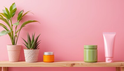Minimal Skincare Product Display with Succulent on Pink Background, Skincare products with succulent plant