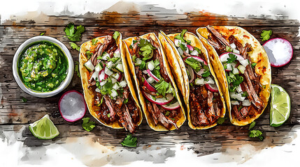 Authentic Street Tacos with Fresh Salsa and Radishes A Culinary Delight on Rustic Wood, capturing the essence of Mexican cuisine in a delightful, mouthwatering image