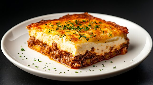 Delicious moussaka slice with rich meat sauce and creamy b chamel topping