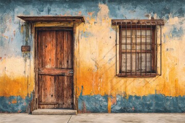 Rustic wooden door and window with bars on a weathered wall in a charming old building facade