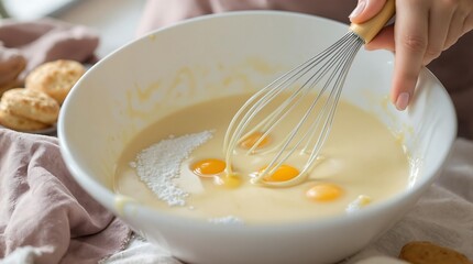 Mixing batter in a white bowl with a whisk and eggs for baking a delicious dessert in the kitchen