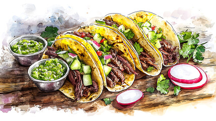Delicious Watercolor Tacos with Fresh Toppings A Mouthwatering Culinary Illustration for Food Enthusiasts and Mexican Cuisine Lovers