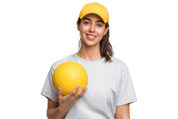Smiling woman in a yellow cap and white t-shirt holding a yellow ball, ready for sport or play, isolated on transparent background