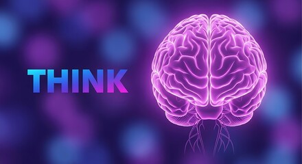 Glowing purple brain with think text thinking mind
