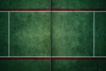 Aerial view showcases a green court with white lines and a red border design for sports activities