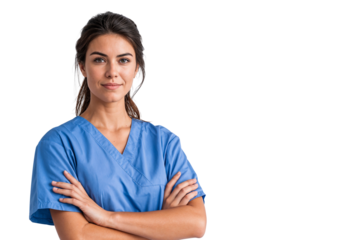 Professional female nurse in blue scrubs with arms crossed, isolated on a transparent background