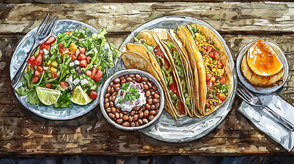 Colorful and fresh meal featuring tacos, salad, and beans on rustic wooden table, showcasing a vibrant and inviting culinary experience with healthy ingredients