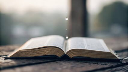 Obraz premium Tear falling on open scripture page silent cry for healing and hope 