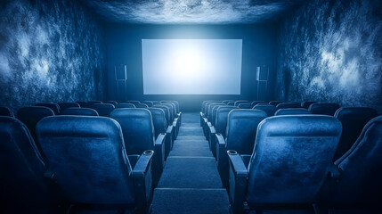 Blue cinema hall with white blank screen and empty seats. Concept of movie theater, entertainment, and leisure