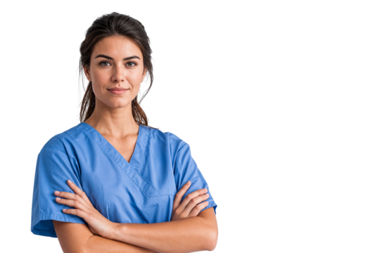 Professional female nurse in blue scrubs with arms crossed, isolated on a transparent background