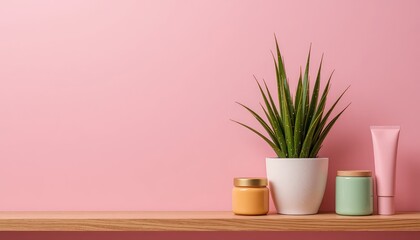 Minimal Skincare Product Display with Succulent on Pink Background, Skincare products with succulent plant