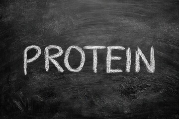 Protein chalk drawing on dark chalkboard represents nutrition and healthy eating habits for fitness diets