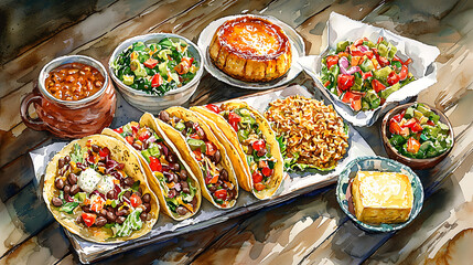 Watercolor depiction of a diverse and colorful spread of Mexican-inspired cuisine, featuring tacos and an array of fresh salads, all arranged on a rustic wooden table.