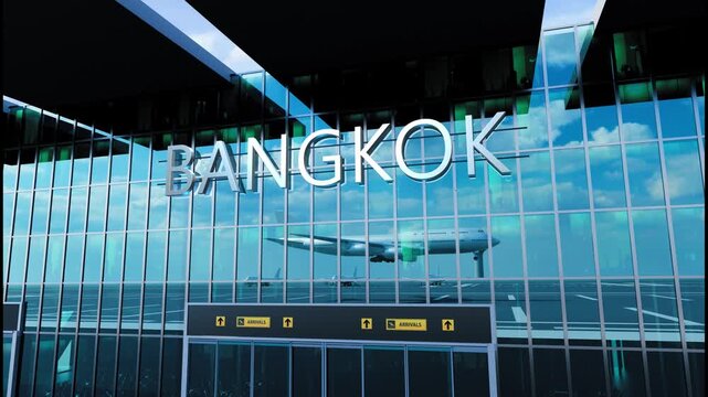 Airlane landing at Bangkok. Arrival in the city with reflection of airport and aircraft