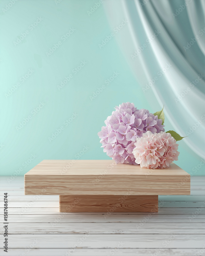 Fototapete Clean 3D rendered summer lifestyle scene with an empty matte soft wood cube platform, set against a solid pastel mint green background with soft lighting, featuring a small stylized tropical Hydrangea