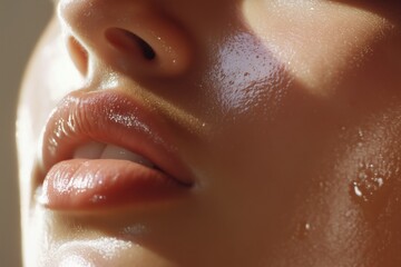 Close-up of woman’s lips with dewy skin and glistening finish  