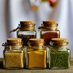 Five glass jars filled with colorful spices cork herbs