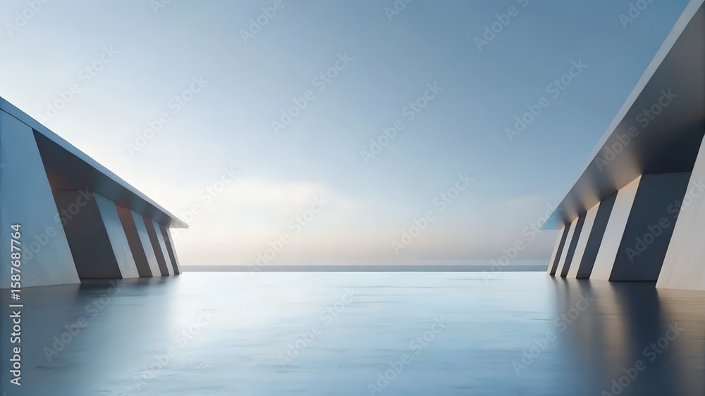 Poster 3d render of angular metallic structures reflecting over calm ocean horizon at dusk