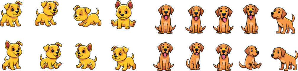 Cartoon dogs in various poses and emotions illustration set