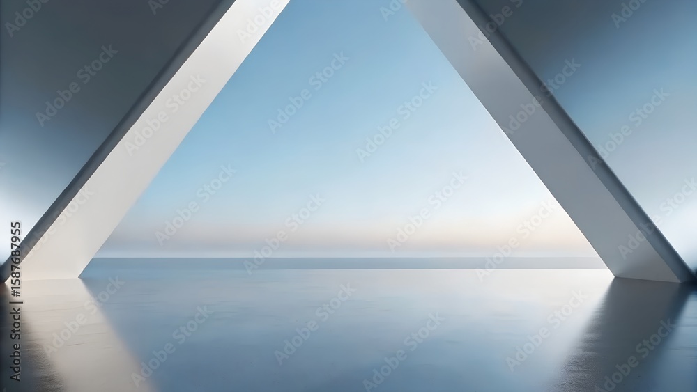 Poster 3D Render of Abstract Geometric Architecture with Concrete Triangular Forms and Sky Reflections at Dusk