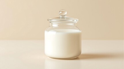 A clear glass jar filled with white liquid and a lid sitting on a beige surface in a simple setting