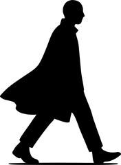 Silhouette of a confident man walking with a long flowing coat, minimalist black vector icon on white background, side view character in motion, stylish mysterious figure in stride