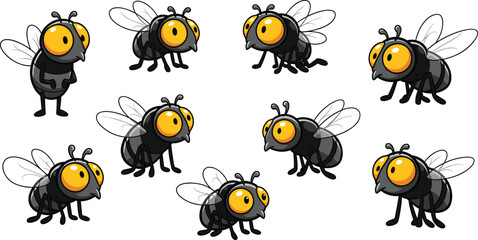 Cartoon flies set with big yellow eyes, black bodies and transparent wings in various poses on white background.
