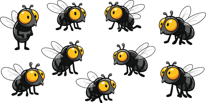 Cartoon flies set with big yellow eyes, black bodies and transparent wings in various poses on white background.