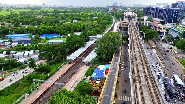Aerial View Railway Station Surrounded by Greenery