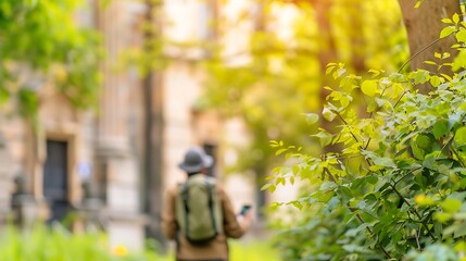Obraz premium Hiker with backpack exploring a lush green path in sunlight