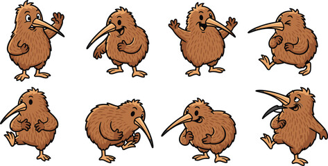 Set of cute cartoon kiwi birds in various poses waving, walking, and smiling on white background.