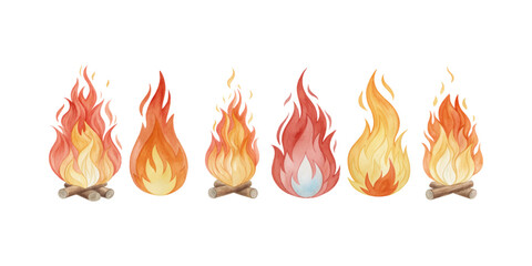 collection of watercolor fire flames and burning tongues of fire, painted as campfire silhouettes and bonfire elements, ideal for design and creative illustration backgrounds