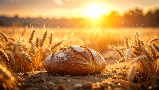 Pan artesanal sobre fondo c&aacute;lido con espigas de trigo, composici&oacute;n dorada al amanecer que destaca texturas, tradici&oacute;n panadera y paisaje agr&iacute;cola difuminado
