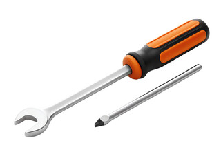 Close up of a silver wrench and a metal screwdriver with orange handle isolated on transparent background