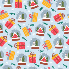 Christmas festive seamless pattern with gift box, snow globe, snowman and snowflake. Winter holiday background for textile design.