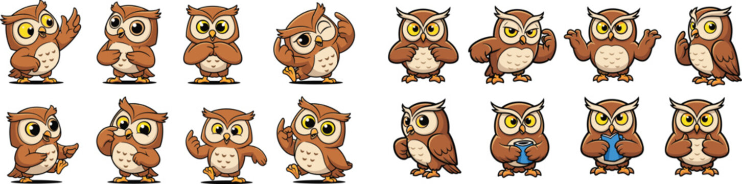 Cartoon owl character set. Various owls in different poses, walking, winking, reading, thinking, giving thumbs up.
