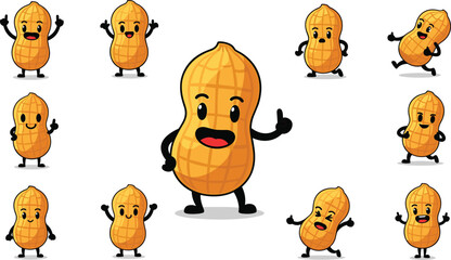 Cartoon peanuts character set with happy expressions and gestures, isolated on white background.