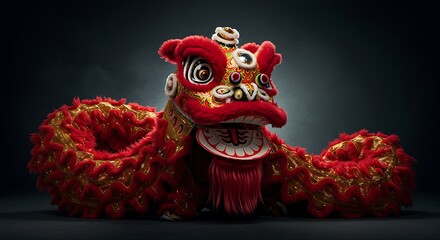 a traditional Chinese dragon dance costume, vibrant in red and gold atmospheric background. The lighting emphasizes the textures and elaborate craftsmanship of the costume, symbolizing power 