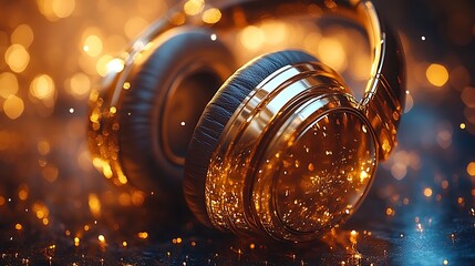 Headphones with golden accents glowing in warm light for luxurious ambiance

