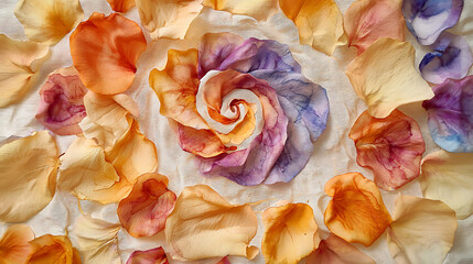 Floral Arrangement Delicate Rose Petals Swirling in a Colorful Dance, Ideal for Wedding Backgrounds and Invitations, Adding a Touch of Romance and Elegance.